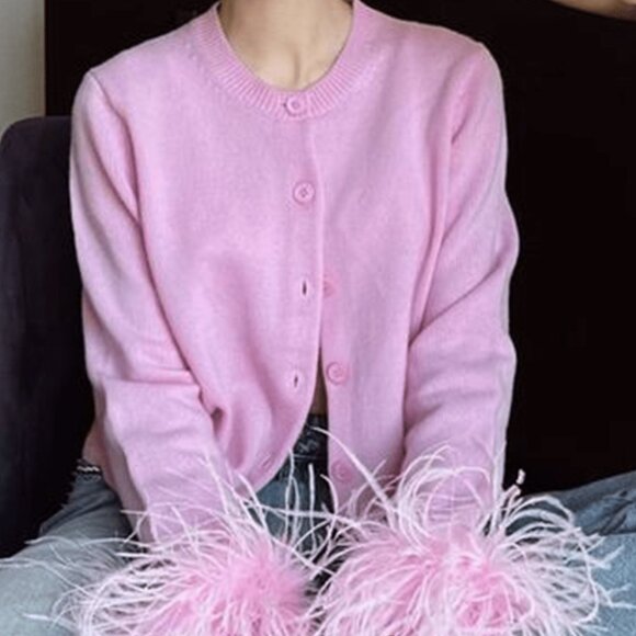 Pink Casual Women's Crew Neck Glamorous Wrap Feather Cuffs Cardigan - Picture 2 of 4